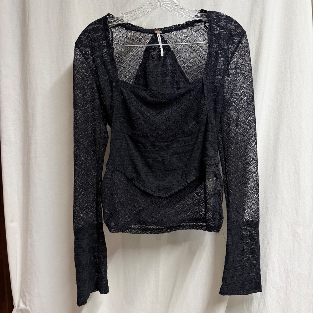 Free People M Black My Party Lace Square Neck Long Sleeve Top Grunge Dainty Fair